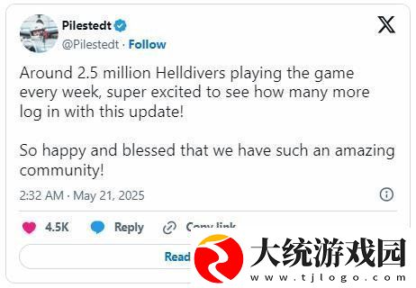 绝地潜兵2热度不减！每周玩家数量约有250万人